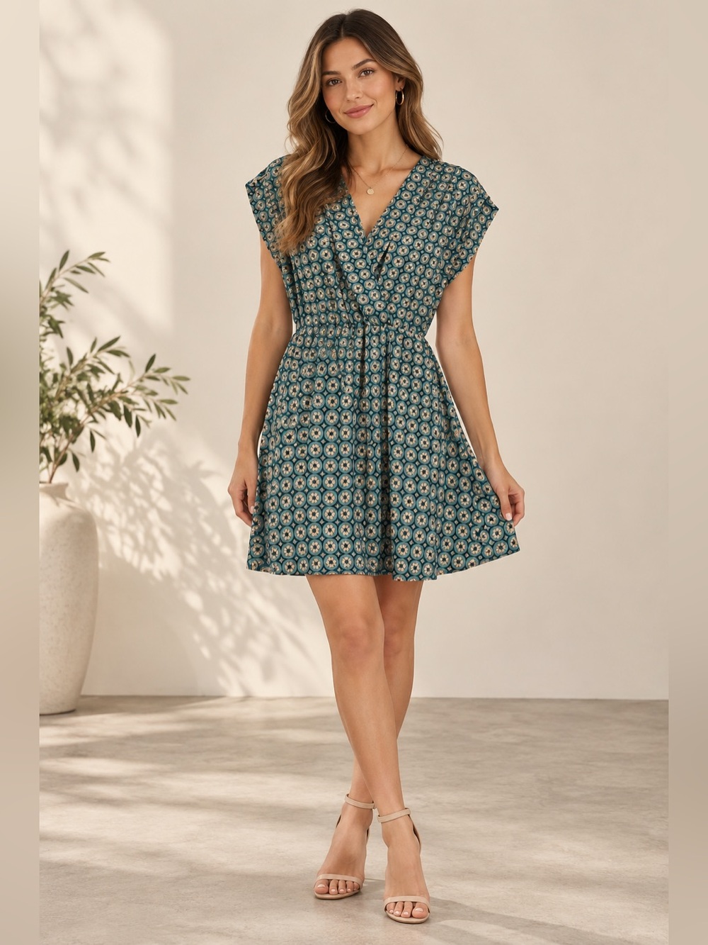 Maison Jules Teal Geometric Print Wrap Dress Women’s Size S